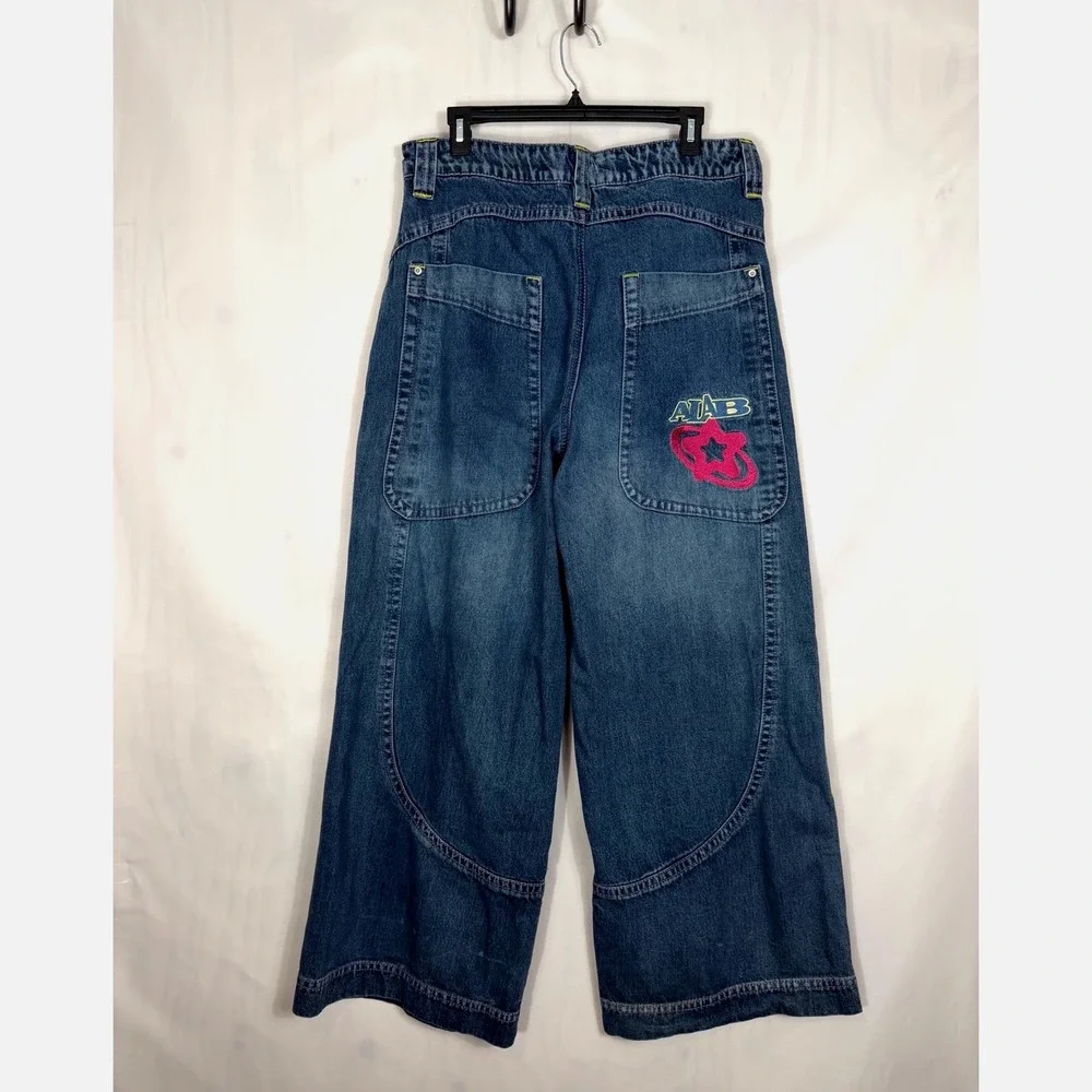 ALAB Wide Leg Jeans Womens 14 Blue Y2K Baggy Embroidered Star Skater Streetwear